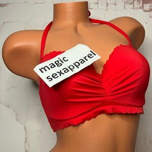 VS 38C SCALLOPED SWIM TOP HALTER NACK CINCHED RUFFLES RED